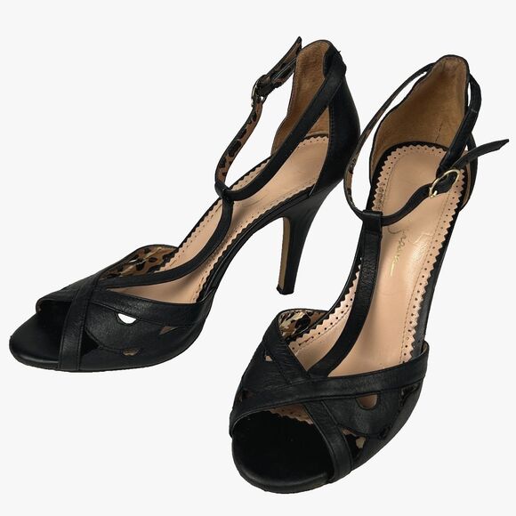 Jessica Simpson Jeraldine Black Strappy Heels Leather Sandals 4.5" Heel Sz 10M - Picture 1 of 8
